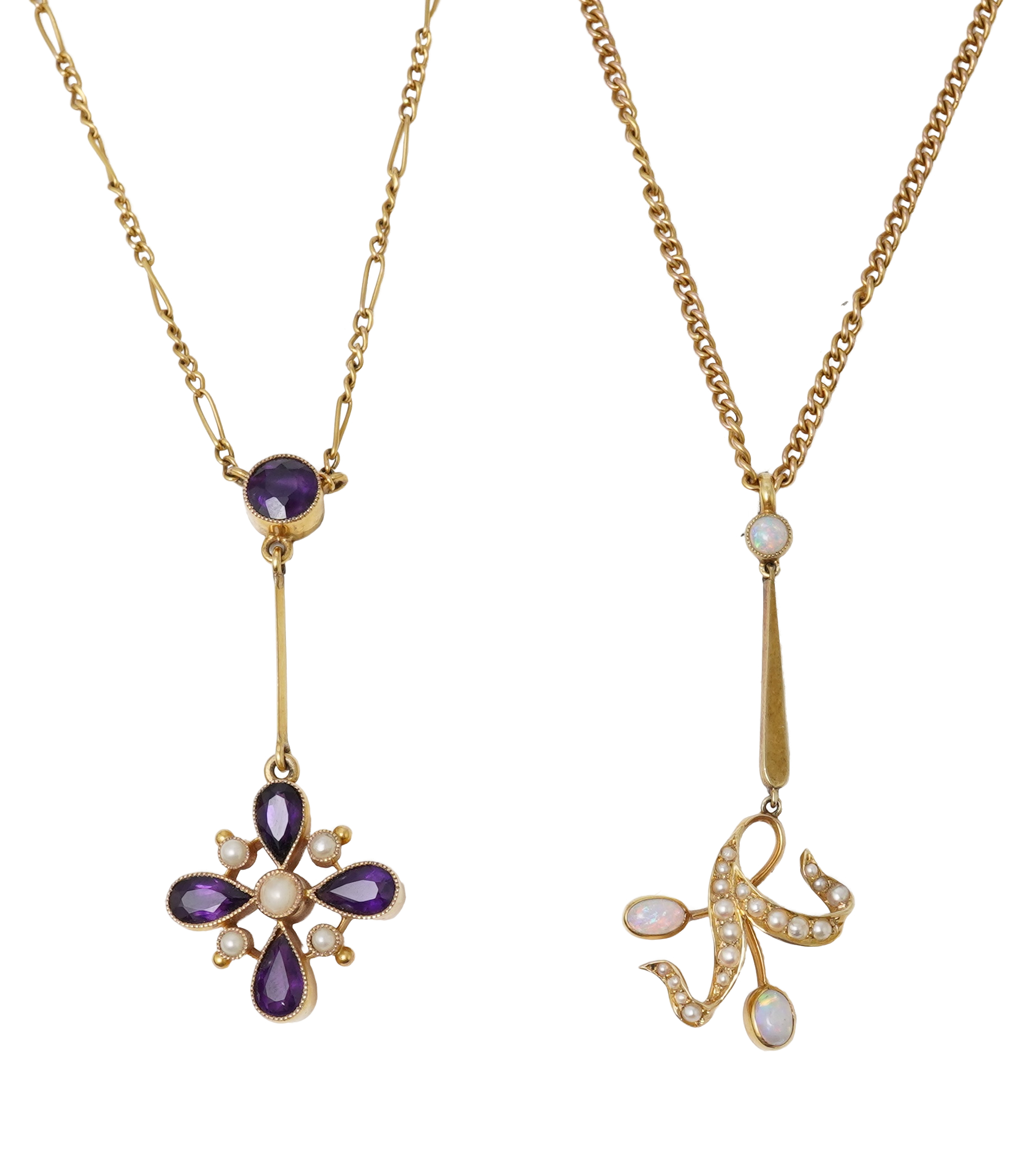 An Edwardian amethyst and pearl pendant and a opal and seed pearl pendant, early 20th century